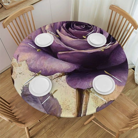 Patifu Rose Leaves Purple Round Tablecloth Stain-Resistant Washable Indoor Outdoor Restaurant Wedding Party Full Width Single-Sided Printing Outdoor Fitted Home 31"-35