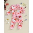 thumbnail image 3 of Liacowi 2Pcs Toddler Girls Fall Clothes Baby Christmas Outfits Long Sleeve Santa Wreath Print Sweatshirt Tops + Pants Set 0-3 Years, 3 of 8