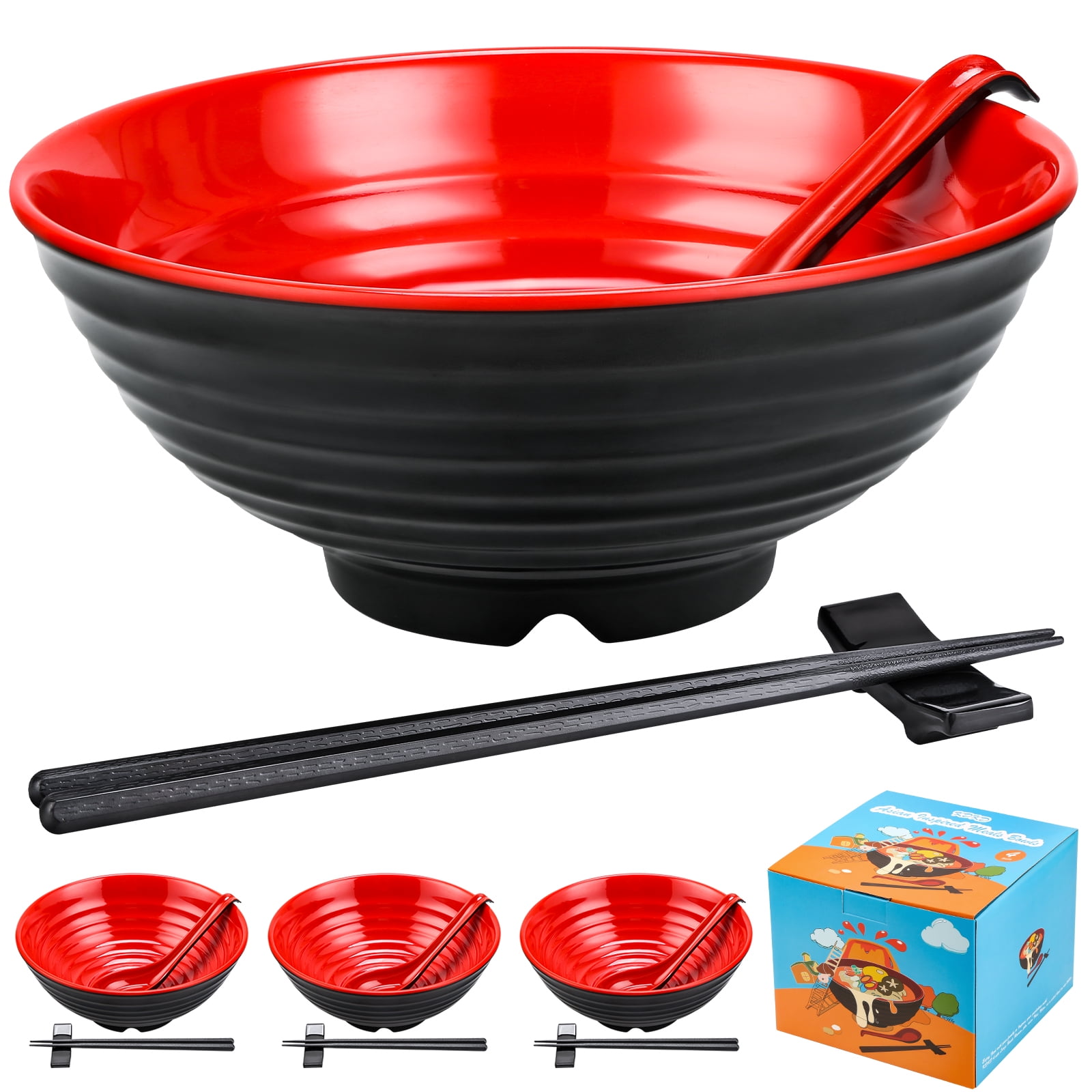 KDKD 4 Sets Ramen Bowl Sets (16 pieces) Melamine Large Noodle Bowls Set. 8  Inch Asian Chinese Japanese or Pho Soup 38oz. With Spoons, Chopsticks and  Stands Complete Dinnerware. Black and Red 