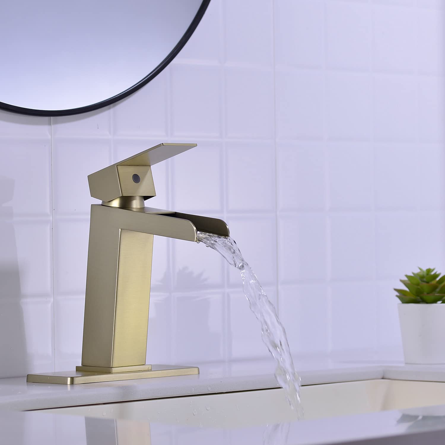 Overflow Pop Up Drain and cUPC Water Supply Lines Included Brushed Gold Single Handle Bathroom Sink Faucet with 6 Inch Deck Plate 1 Hole Deck Mounted Waterfall Vanity Faucet