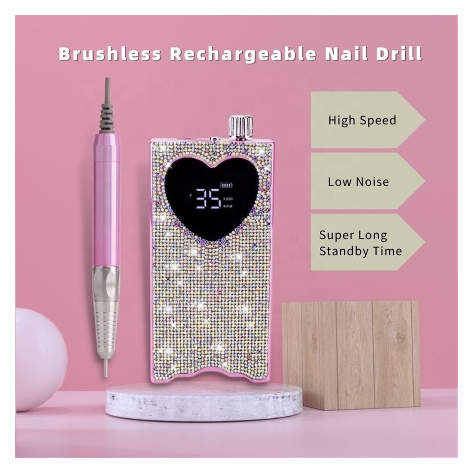 Heart Shape Electric Nail Drill Machine, Professional Portable Rechargeable 35000RPM Nail Drill For Acrylic Gel Nail ,Low Noise