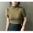 thumbnail image 1 of Camiseta de manga corta de punto con cuello alto, diseño de manga abullonada blanca para mujer, chaqueta pequeña elegante y ajustada para mujer., 1 of 6