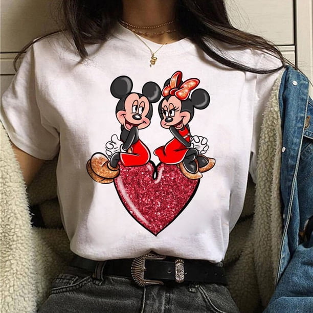 Valentine's Day Gift Disney Mickey Mouse Women's Crewneck High-Quality Casual 100% Cotton T-shirt Free ShippingXL Gao Jinjia LED