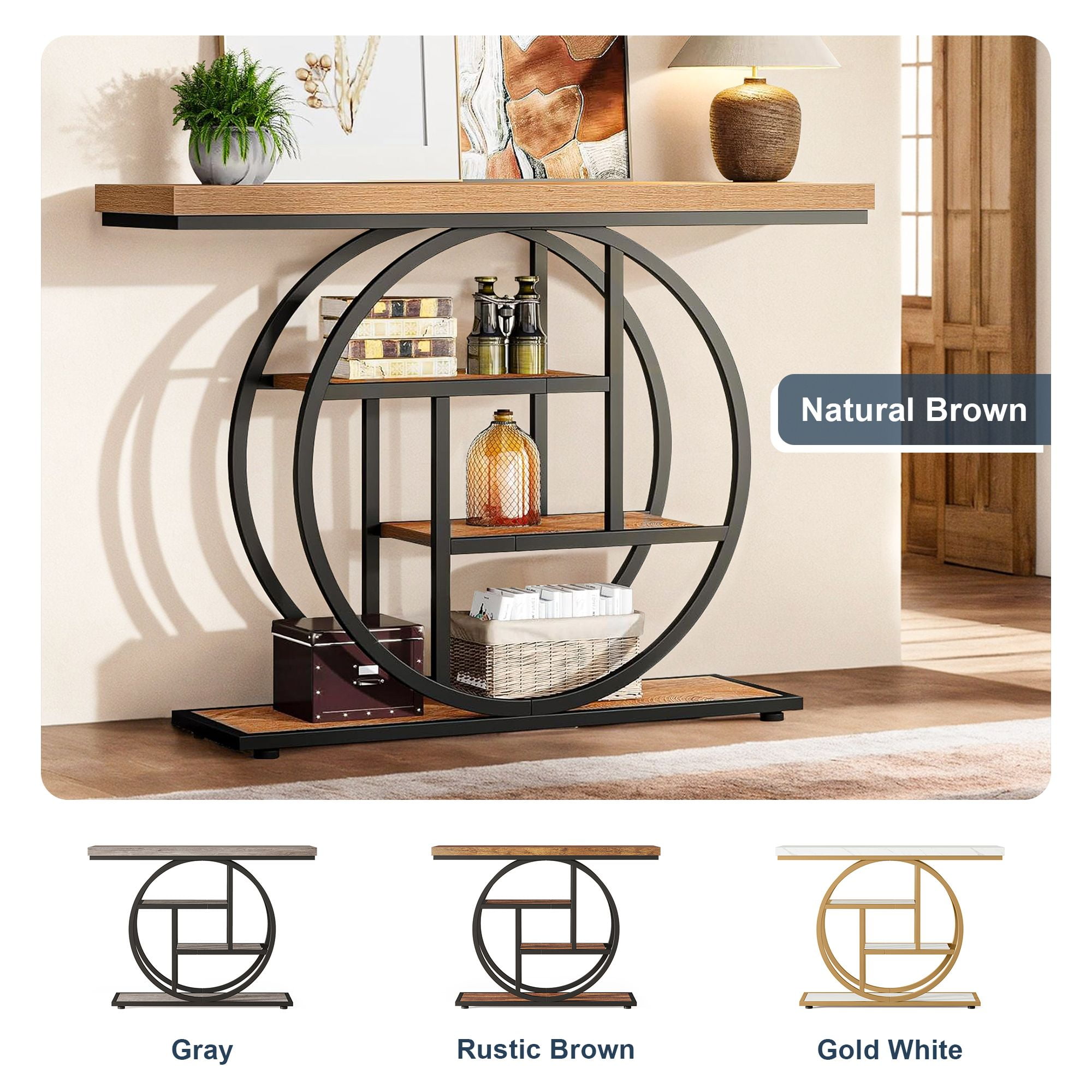 Demi Bonn 41"dustrial Console Table for Entryway, Farmhouse Sofa Tables Behind Couch, Rustic Wood and Metal Foyer Table with 3-Tier Shelves for Hallway Living Room, Brown