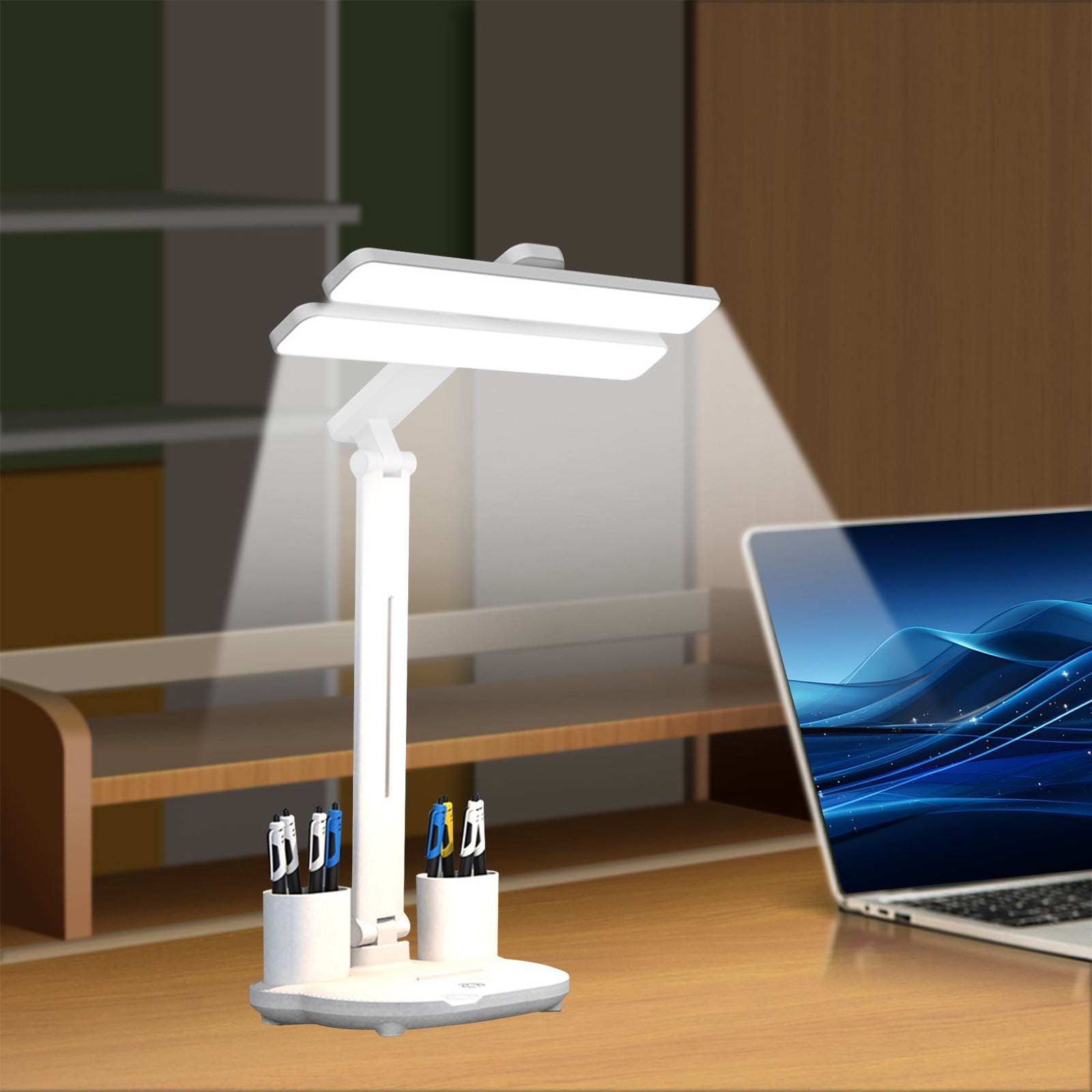LED Desk Lamp with Pencil Sharpener | Foldable Eye-Care Reading Light | Adjustable Angle | Pen Holder Organizer | Type-C Rechargeable 2000mAh Battery | White | 13.39"x11.02"x6.89"
