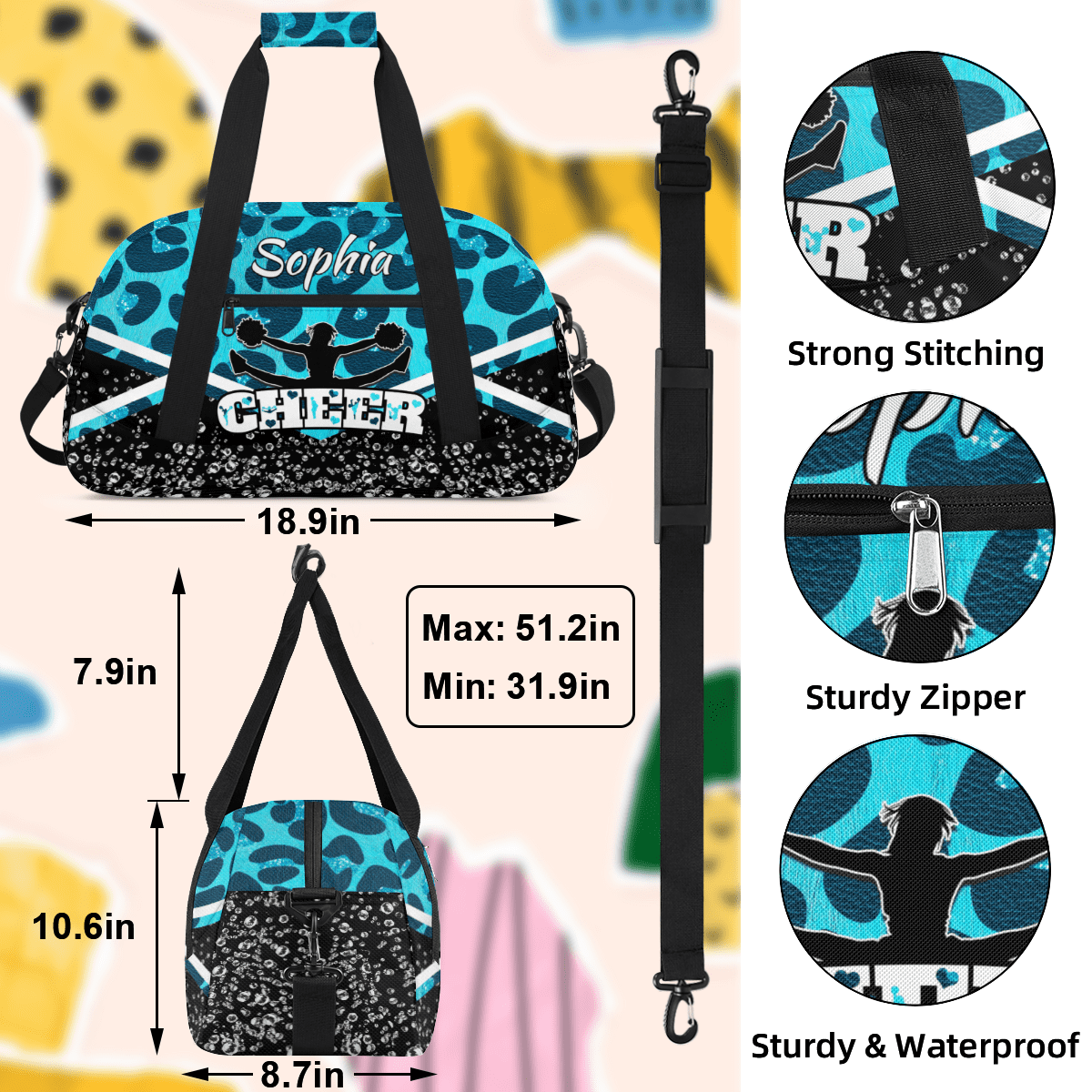 Jiaoprinted Personalized Cheerleader Bag Dance Bag, Custom Sport Gym Bag with Name, Customized Travel Duffel Bag for Cheer Team, Blue Leopard