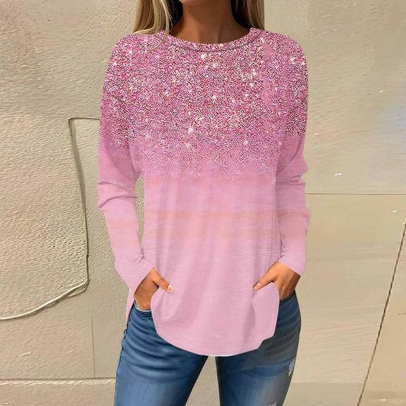 Sakmal Crew Neck Shirts for Women Long Sleeve Tunic Striped Plus Size Shirts Pink Blouses Going Out Tops