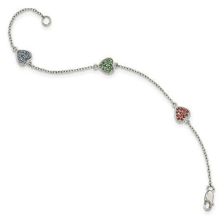 Sterling Silver 6in Polished Hearts with Red/Green/Blue Glass Stone Bracelet