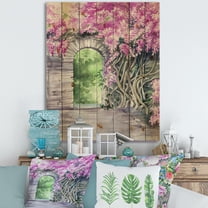 Designart 'Blossoming Purple Wisteria Garden Over The Wall' Traditional Print on Natural Pine Wood