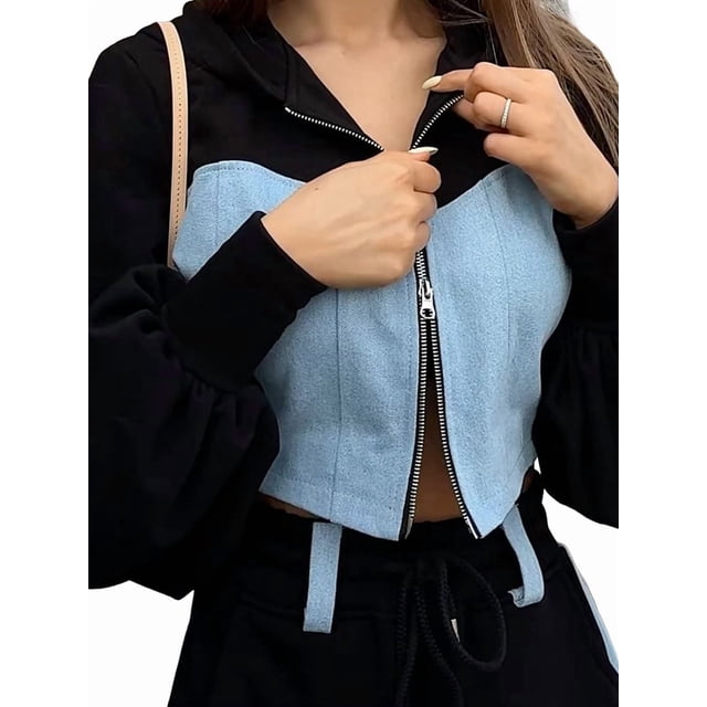 Conjunto Casual de Dos Piezas para Mujer: Sudadera con Capucha y Cremallera de Larga con Bloques de Color + Pantalón de Mezclilla con Cordón Ajustable Negro L