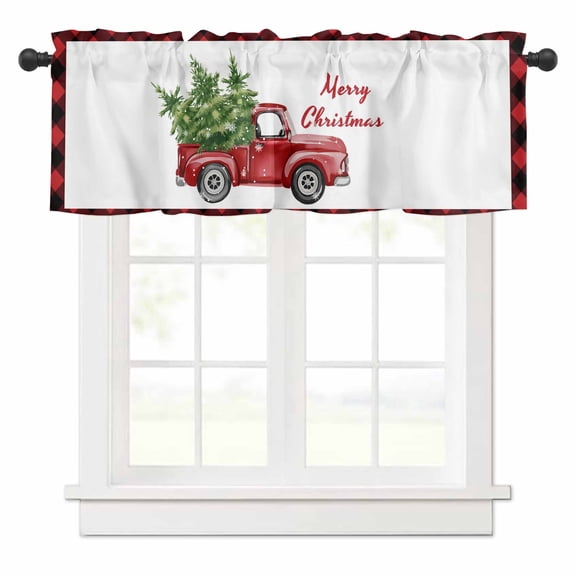 Merry Christmas Winter Valances for Windows Red Truck Red Plaid Xmas Rod Pocket Curtain Valance Window Treatment Short Curtains for Kitchen Living Room, 54"x18"