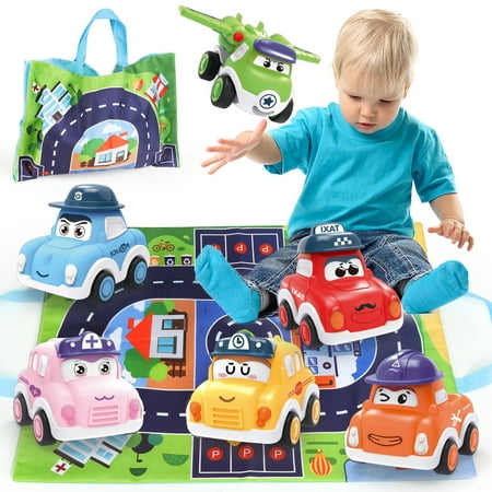 Toddler Pull Back Car Toys for 1 2 3 Years Old Boy Girl,6 Pieces Friction Powered Vehicles Push and Go Mini Car Set with Playmat Storage Bag,Baby Party Favors Birthday Gifts for Kids