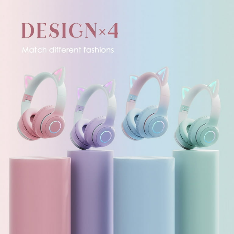 Cat Ear Bluetooth-gamingkoptelefoon, 7 kleuren LED-verlichting 4 lichtstanden Type C Draadloze opvouwbare muziekheadset, 40 mm luidspreker en helder stereogeluid voor gamen(Blauw
