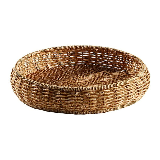 Pwtool Rattan Round Basket Woven Serving Tray Wicker Serving Tray for