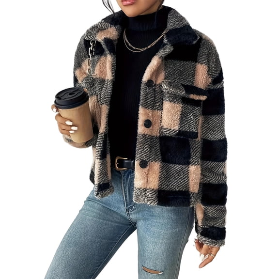 Cuteduck Women's Jacket Fall Winter Long Sleeve Lapel Loose Fit Double-Sided Fuzzy Fleece Casual Coat S-XL