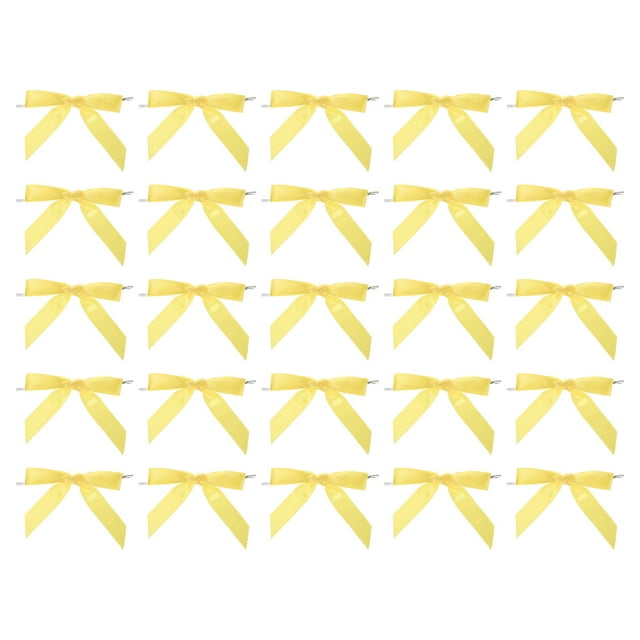 Unique Bargains 50Pcs Mini Ribbon Bow 3.5' Twist Tie Mini Fabric Satin Ribbon Flower Bows Craft DIY Sewing Wedding Bows Yellow
