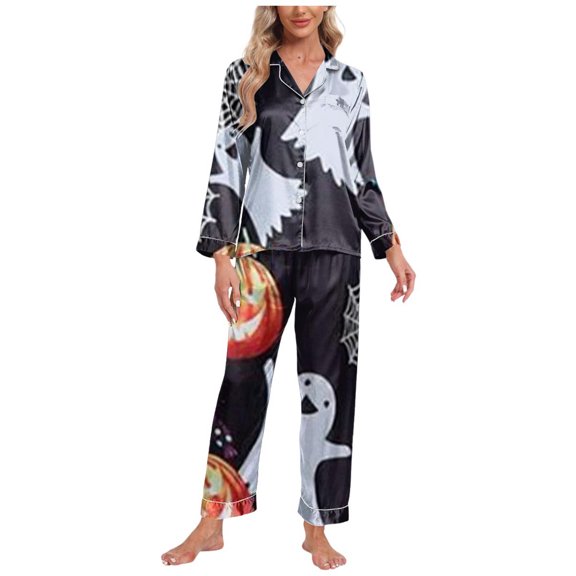 BOOMNY Halloween Womens Pajama Sets Hallowmas 2 Peice Pjs Set for Women Funny Pumpkin Skeleton Graphic Short Sleeve Sleepwear Tops Pants Cozy Nightwear Loungewear