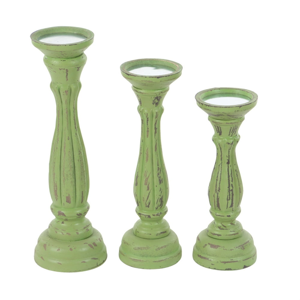 Wooden Pedestal Candle Holder with Carved Details, Set of 3, Green