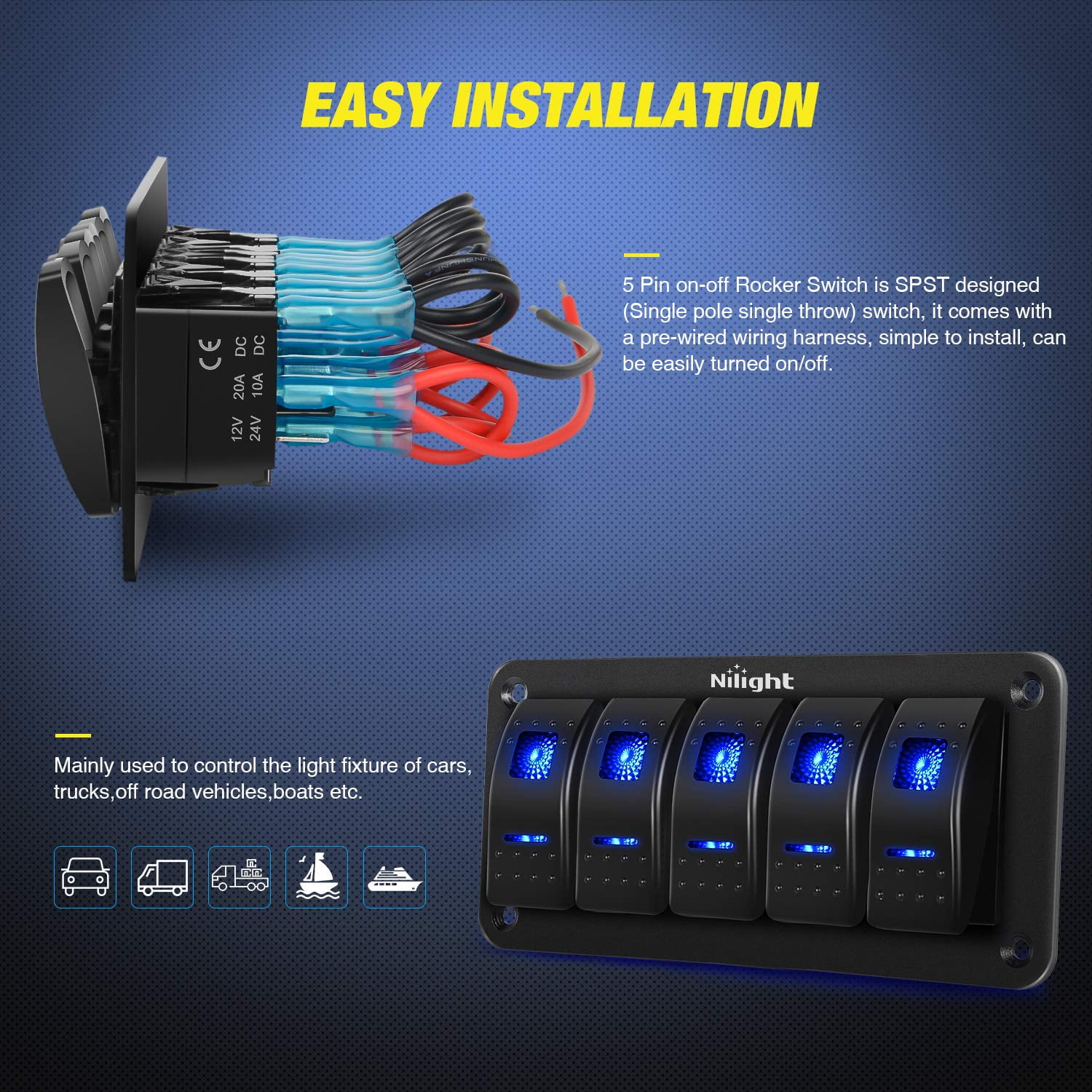 Nilight - 5 Gang Aluminum Rocker Switch Panel Toggle Dash 5 Pin ON/Off Pre-Wired Rocker Switch Blue Backlit Switch for Automotive Car Marine Boat RV,2 Years Warranty