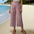 thumbnail image 1 of Pantalon 7/8 pour Femmes Travail Capris en Lin à Rayures pour Femmes Jambe Droite Taille Élastique Robe Décontractée Pantalon Court pour le Travail Voyage Rouge P, 1 of 9