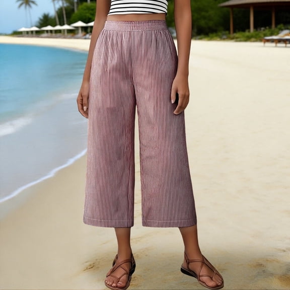 Xdegoge Striped Wide Leg Pants for Women High Waisted Elastic Waist Culottes Flowy Cropped Palazzo Trousers Casual Boho Summer Beach Vacation Bottoms