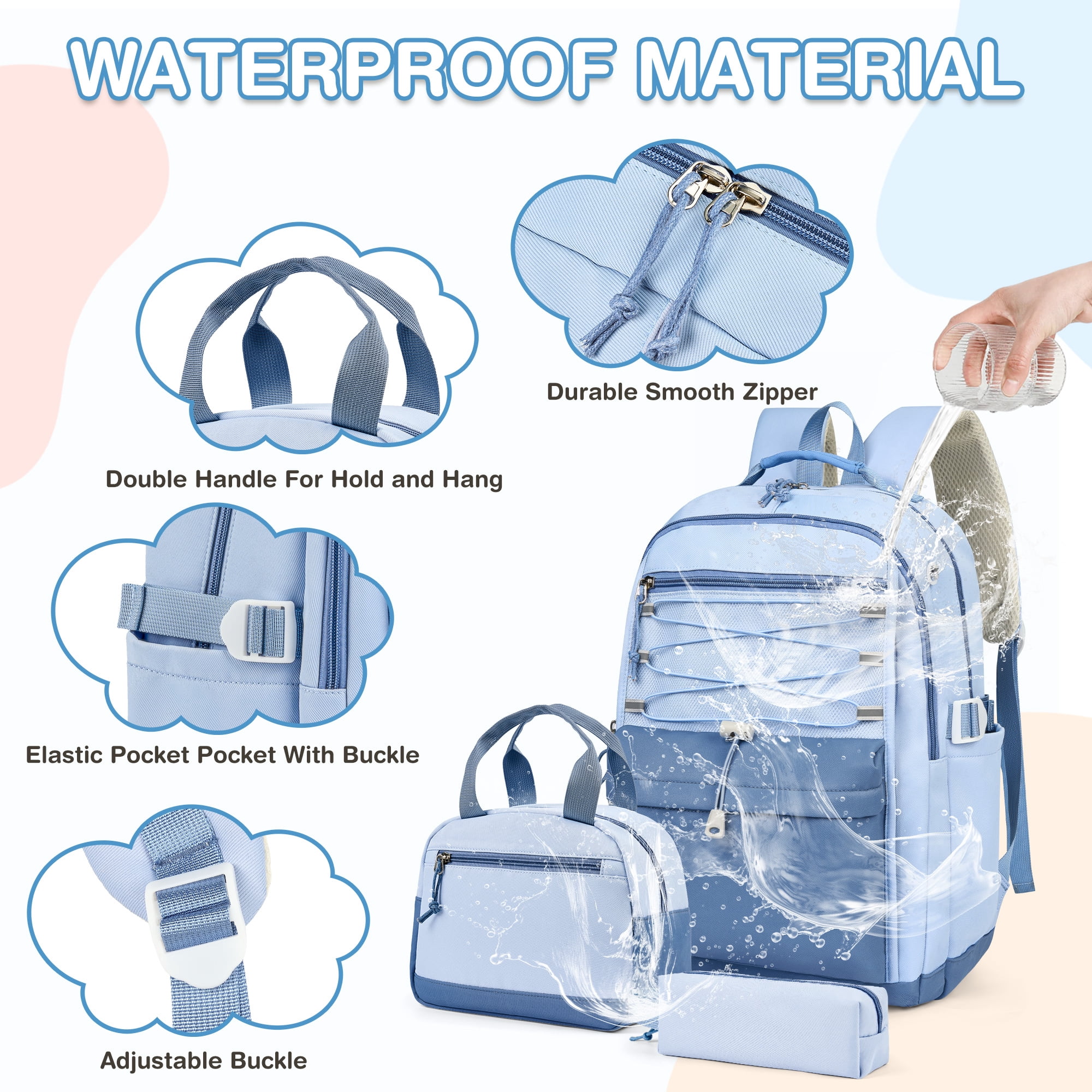 DAKIMOE 3 PCS School Backpacks for College Teens Cute Girlish Middle High School Bookbag Large Capacity Lightweight Waterproof Daypack for Students