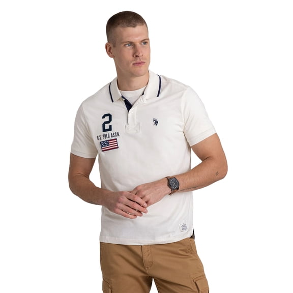 U.S. Polo Assn. Men's Slim Fit Peached Jersey Polo Shirt with Applique, Vanilla Prep, Small