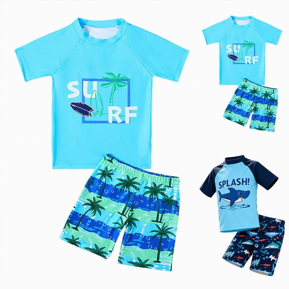 Splozh Boys Cute Pattern Swim Trunks & Shirt Set for 4-9 Years, UPF 50 Rash Guard 2 Piece Summer Breathable Swimming Suit for Toddler & Kids Light Blue,4-5 Years