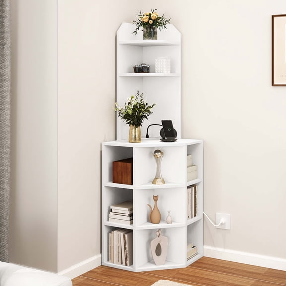 Dextrus 5-Tier Corner Shelf with USB Ports and Outlets, Industrial Corner Bookshelf Bookcase Display Shelves Rack Storage Corner Bar Cabinet for Living Room, Home Office, Kitchen, White