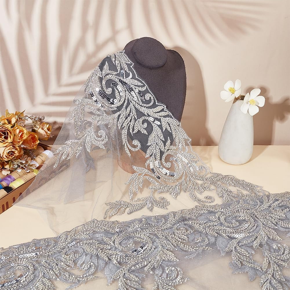 2 Yards Silvery 3D Lace Applique Width 13.6 Inch Floral Lace Rhinestone Beaded Sewing Fabric Applique Decor for DIY Sewing Clothing Flowers Applique Embroidery Patches Fabric for Wedding Dress