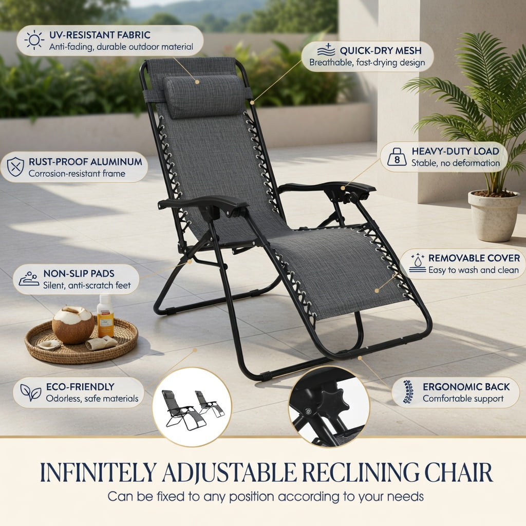 Hommoo 3-Piece Foldable Zero Gravity Lounge Chair Set with Portable Table, Steel Frame, Textilene Fabric, Outdoor Patio, Beach & Deck Recliners, Gray