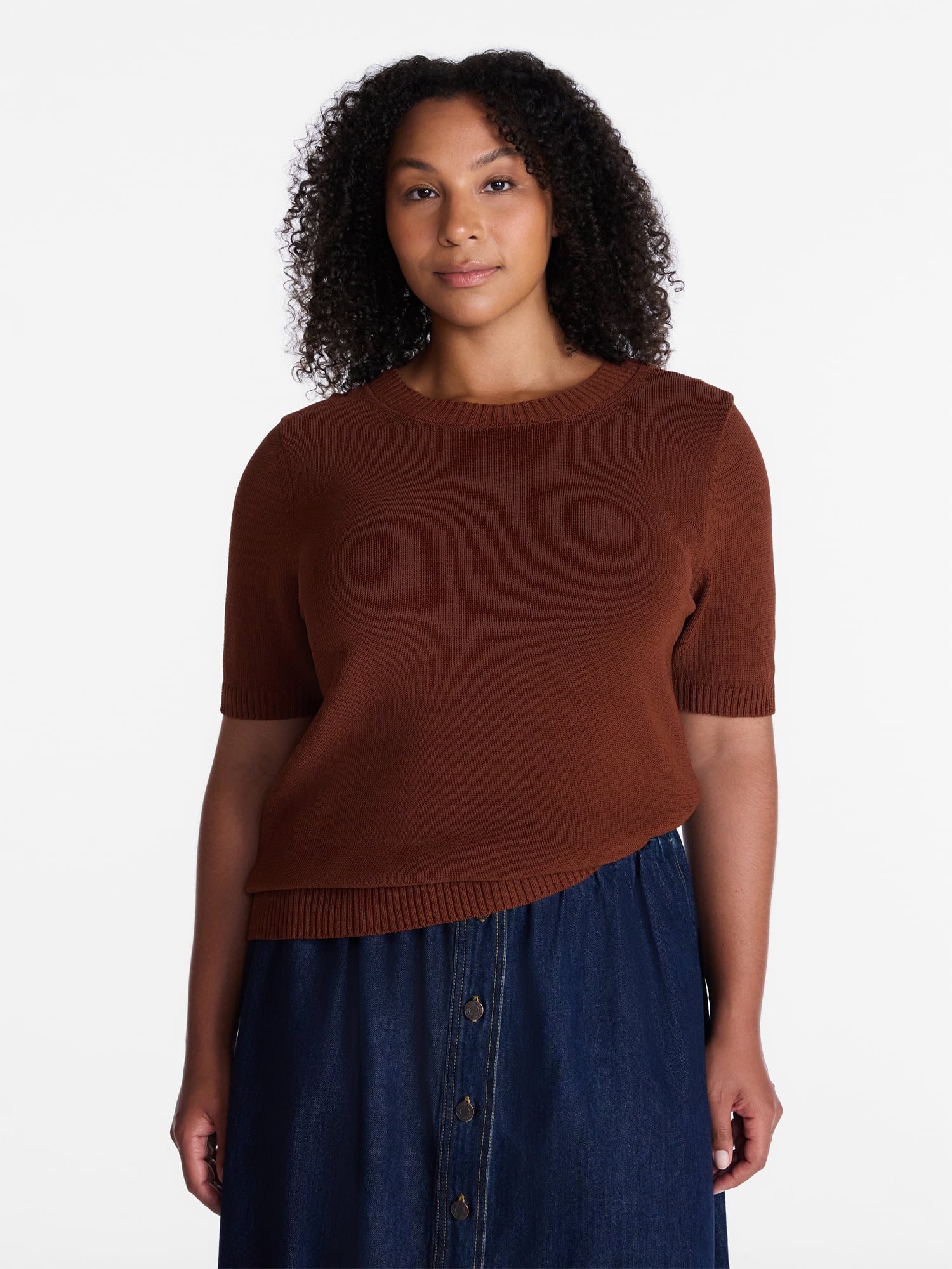 Time and Tru Women's Crewneck Sweater with Short Sleeves, Lightweight, Sizes XS-XXXL