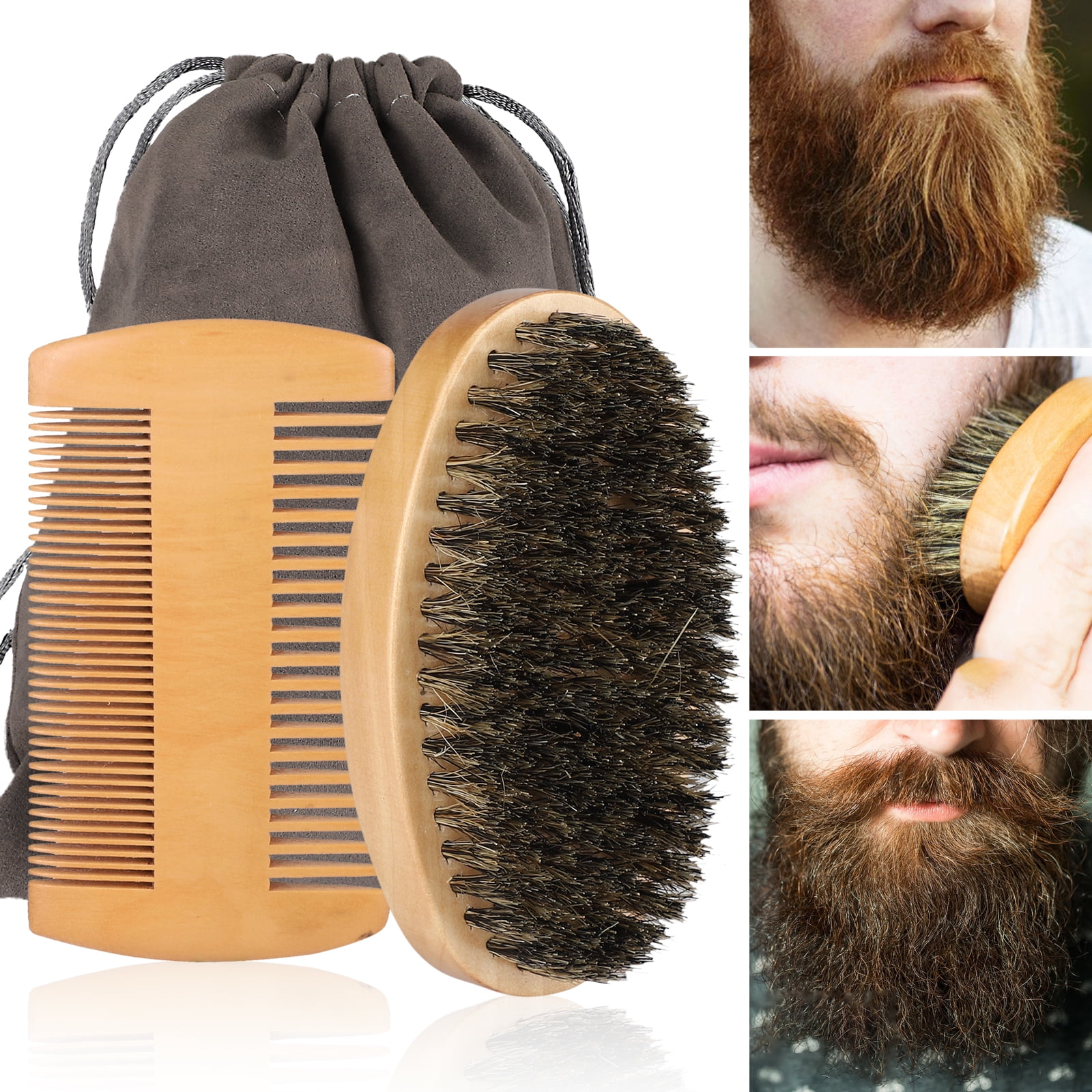 TSV Beard Brush and Mustache Comb Kit, Boar Bristle Beard Brush & Wooden Grooming Comb, Facial Hair Care Gift Set for Men, Portable Brush and Comb Set for Beard Styling and Maintenance (Bag Included)