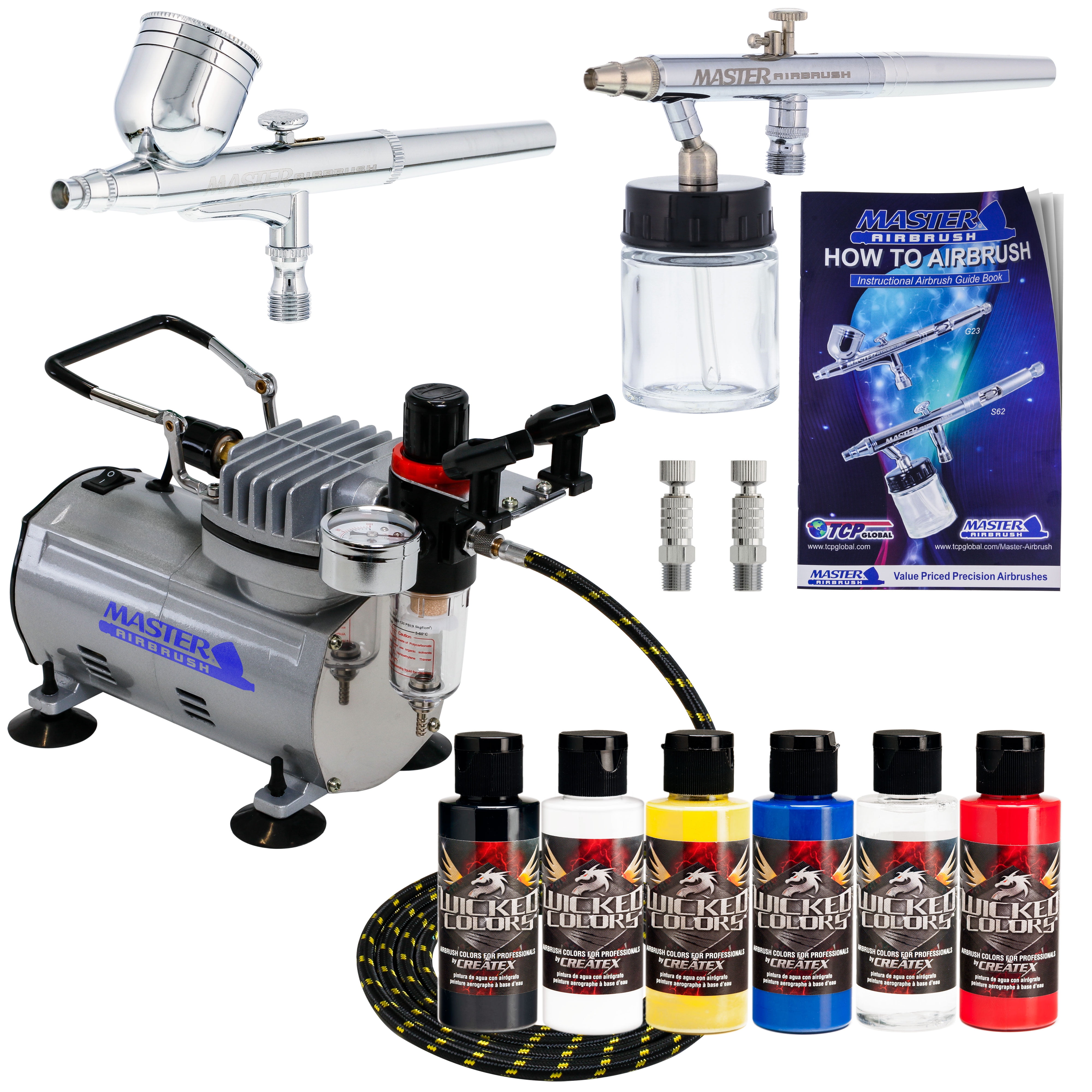 2 Airbrush Kit 5 Wicked Colors Air Compressor DualAction Createx Hobby