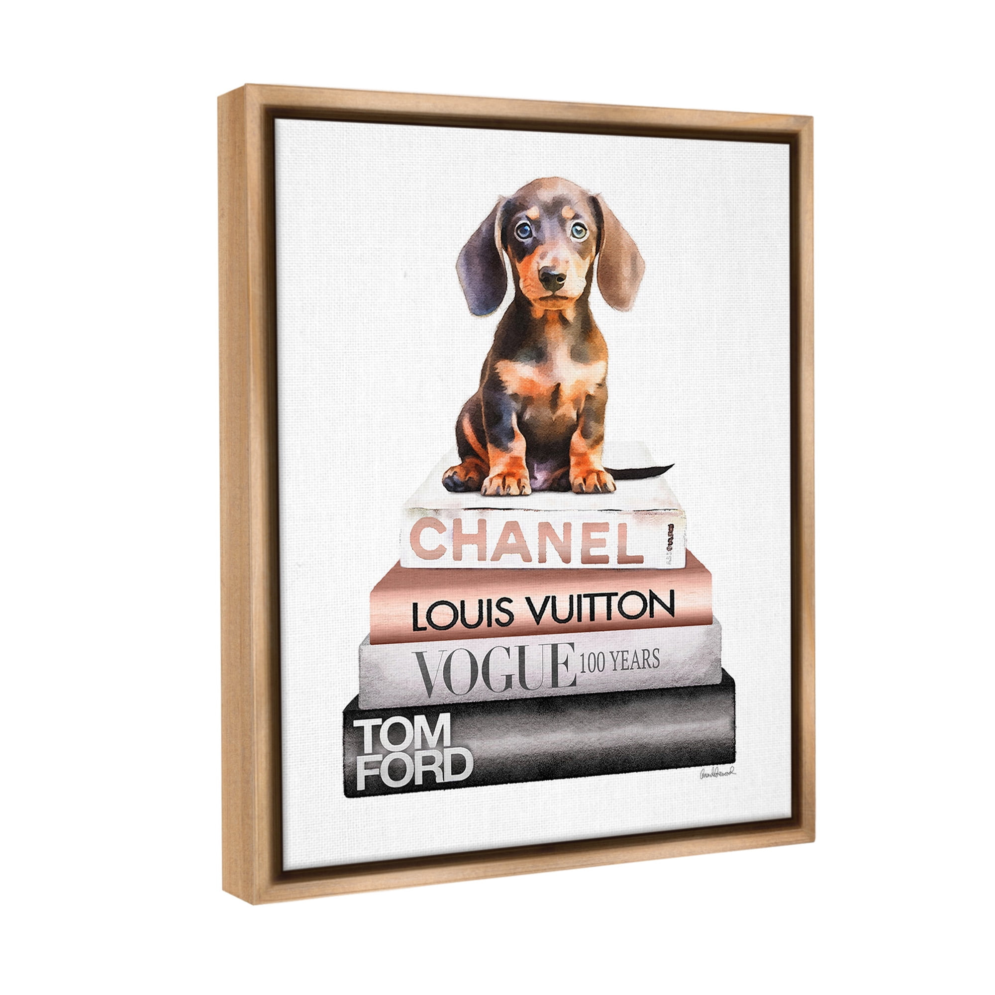 Stupell Industries Dachshund Puppy Bookstack Beauty & Fashion Painting Brown Floater Framed Canvas Art Print Wall Art, 25 x 31