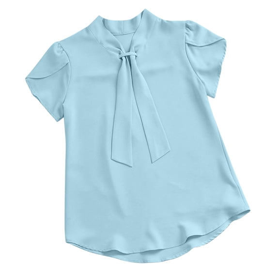 Women's Trendy Petal Sleeve Blouses Solid Color Tie Neck Tops Regular-Fit Comfortable Business Work Shirts