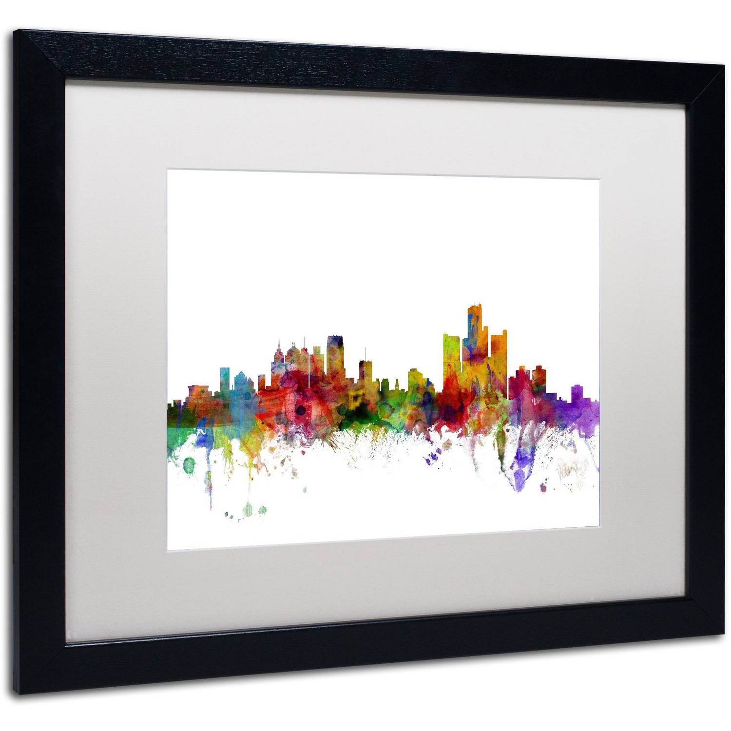 Trademark Fine Art ''Detroit Michigan Skyline'' by Michael Tompsett 16" x 20" White Matted Black Frame (MT0557-B1620MF)