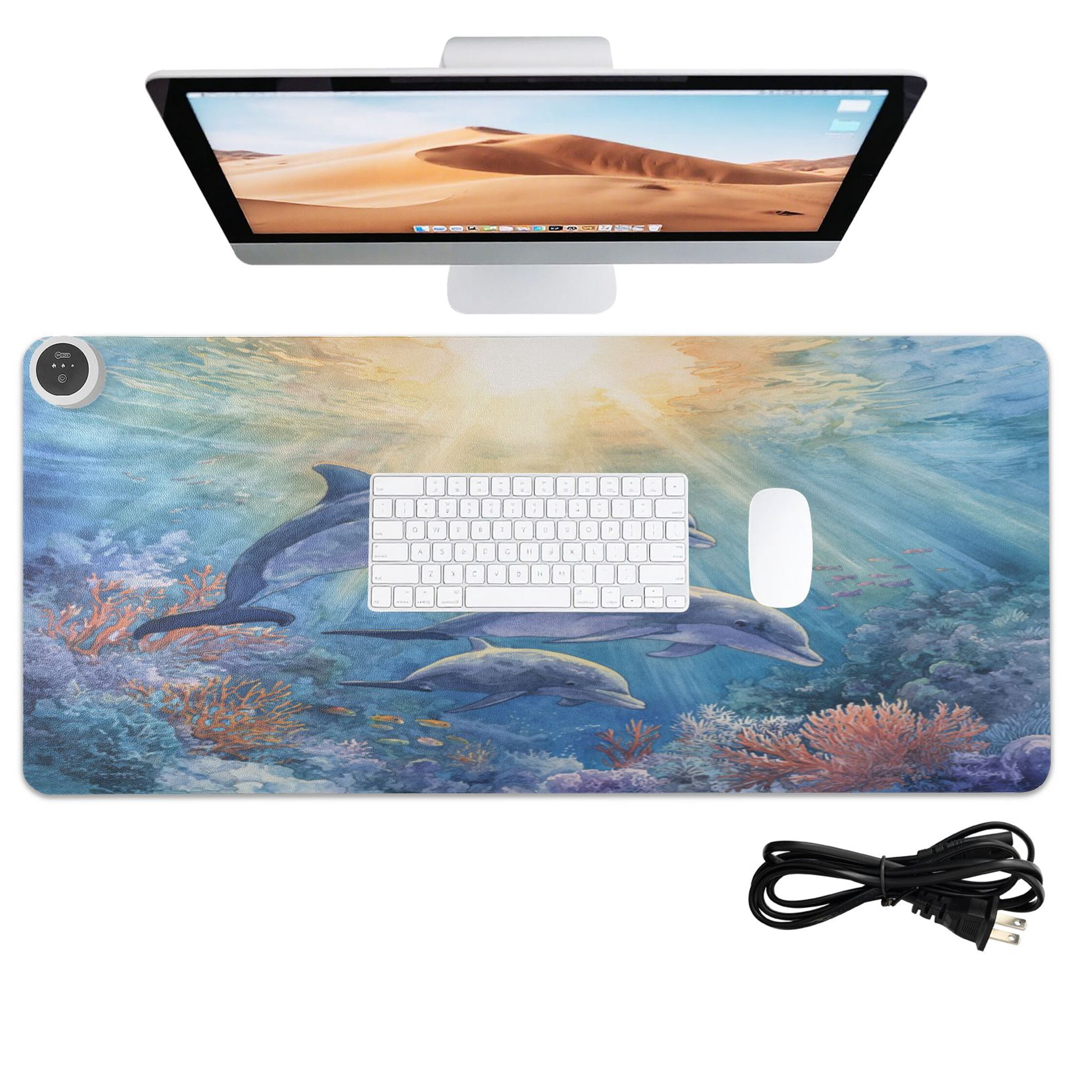 Large Heated Desk Mat Mouse Pad 31.5"x13"PU Leather Graphene Heating Desk Warmer with 3 Temperature Settings 110V US Plug Non-Slip Warm Pad for Home, Office, and Gaming Sunlit Dolphin Pod Print