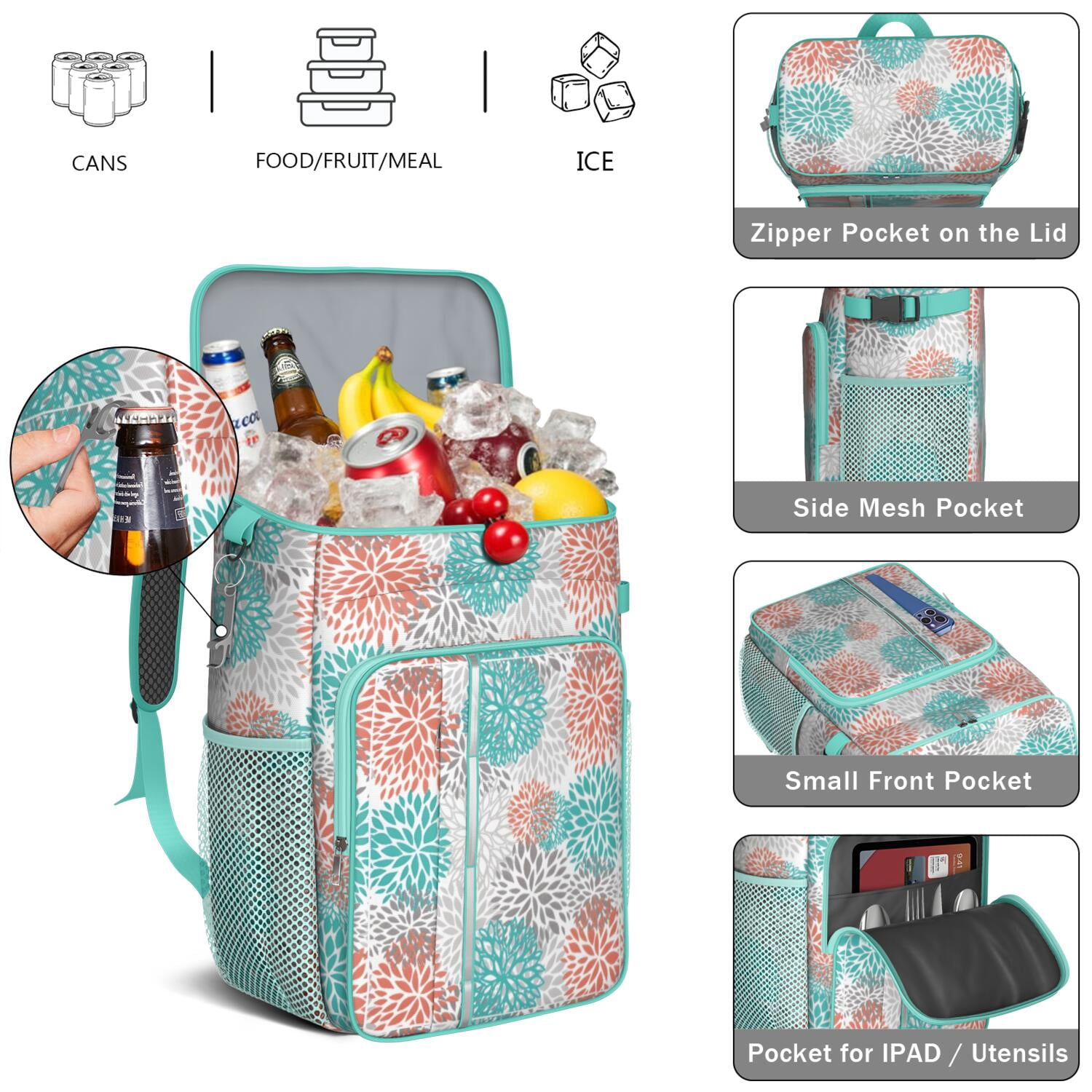 Travel Cooler Bag - Boho Bohemia Pioneer Flower Art Camping Beer Cooler Backpack with Bottle Opener- Waterproof Insulated Picnic Backpacks - Cooler Bag for Beach