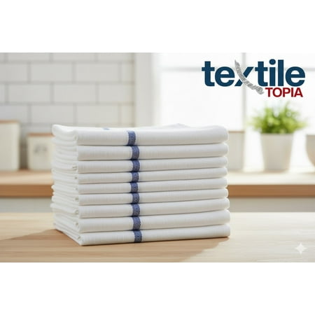 Textile Topia 15x26 Kitchen Towels - Blue Center Stripe & Red Side Stripes - 100% Cotton Soft Absorbent & Durable - Ideal for Bulk Use - 72 Pack