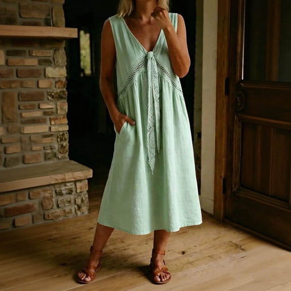 QUNYINEY A Line Casual Summer Dresses for Women Sleeveless Long Sundress Solid with Pockets V Neck Lace Loose Fit Dresses