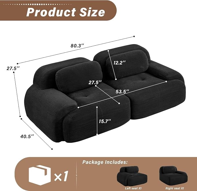 Howcool 80" Boneless Cloud Modular Loveseat, 2 Seater Vacuum Compressed No Assembly Sofa, Extra Deep Memory Foam Corduroy Sectional Couch for Living Room,Black