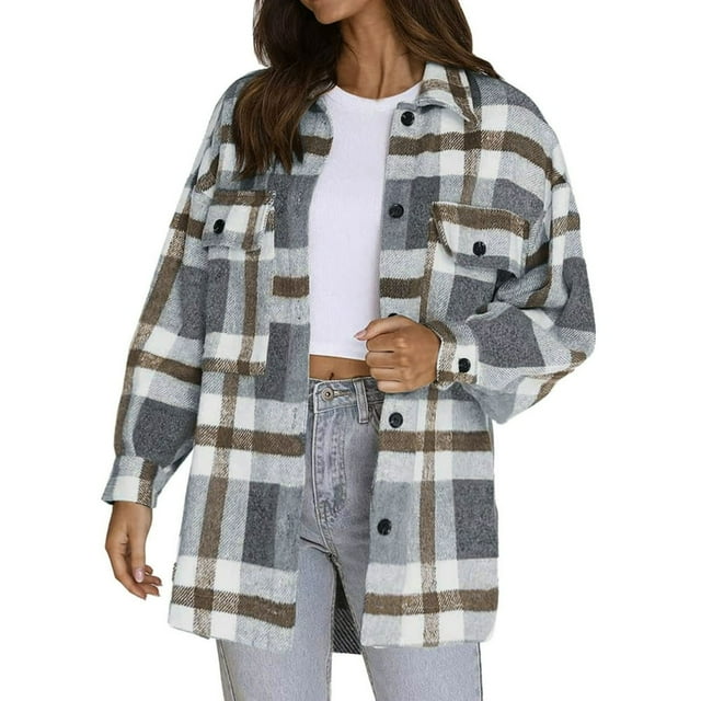 Women‘s Long Sleeve Button Down Plaid Flannel Shirt Jackets Coats…
