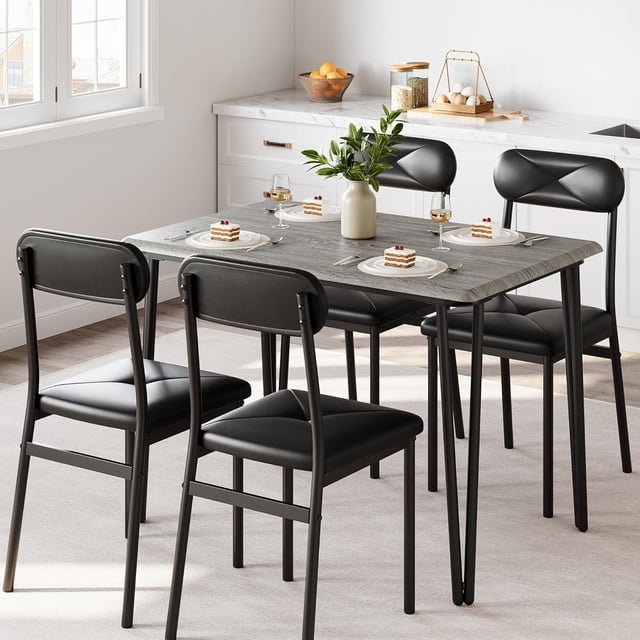 Dining Table Set for 4, 5Pcs Kitchen Table Set Metal and Wood Square Dining Room Table Set with 4 Upholstered Chairs for Small Spaces Apartment - Grey