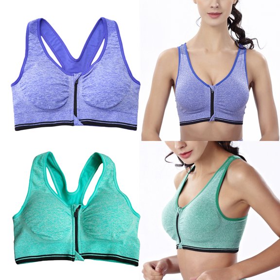 Baywell 2 Pack Women's Motion Control Front Zipper Sport Bras Removable Cups Yoga Bra, 38/85BCD,40/90AB