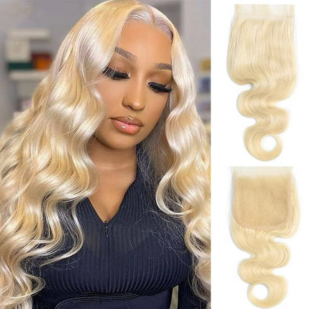 613 Rubio Cierre de Encaje Onda Corporal 4x4 Invisible Transparente HD Cierre de Cabello de Encaje Solo 12A Cabello Humano Remy Virgen Extensiones de Cabello Humano Rubio Ruso Pre Arrancado con Pelo