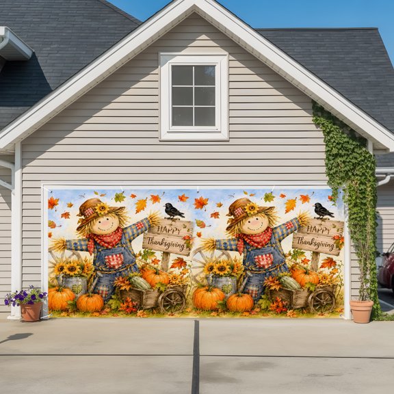 Garage Door Banner Farm Pumpkin Happy Thanksgiving Garage Door Banner Cover for Outdoor Indoor, Cartoon Straw Man Large Backdrop Banners 6.9x16ft