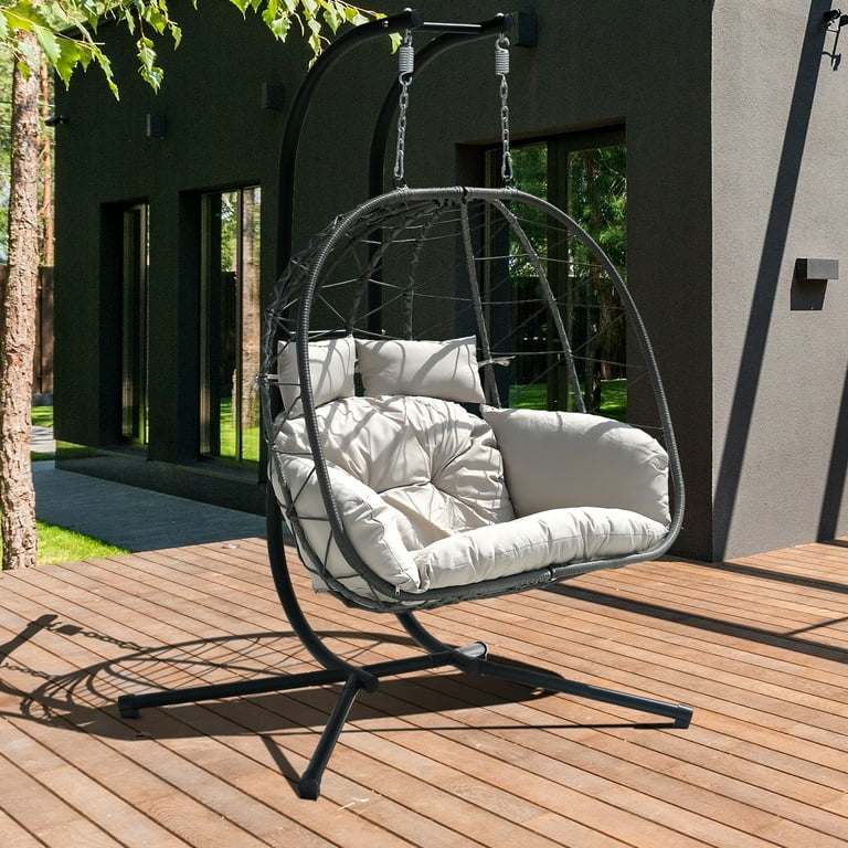 FKSLIFE Double Rattan Egg Chair with Stand, Outdoor Loveseat FKSLIFE Double Rattan Egg Chair with Stand, Outdoor Loveseat