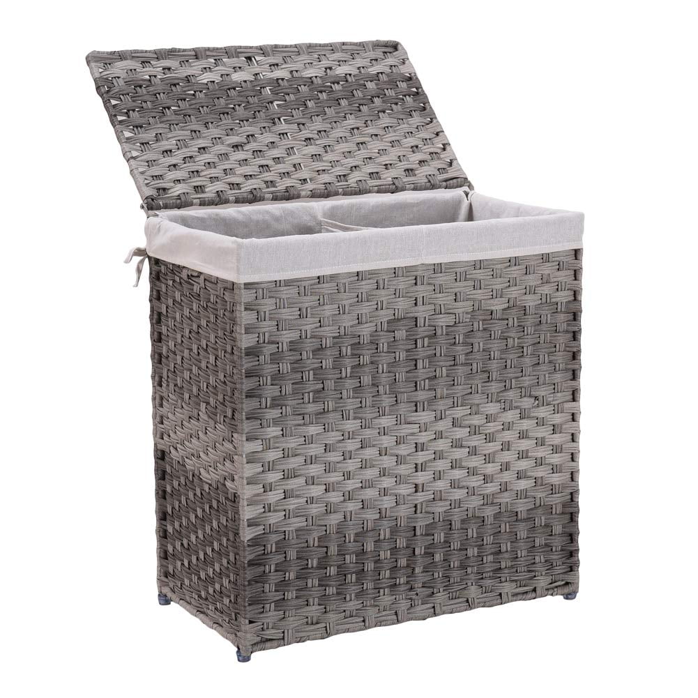 60L Large Plastic White Rattan  Effect Laundry  Basket Lid Home Decor Bathroom P 