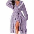 thumbnail image 2 of Plush Bathrobes For Women Plush Lapel V Neck Lace Patchwork Ruffled Long Hem Belt Nighfown Fuzzy Comfy Thermal (M, Purple), 2 of 7